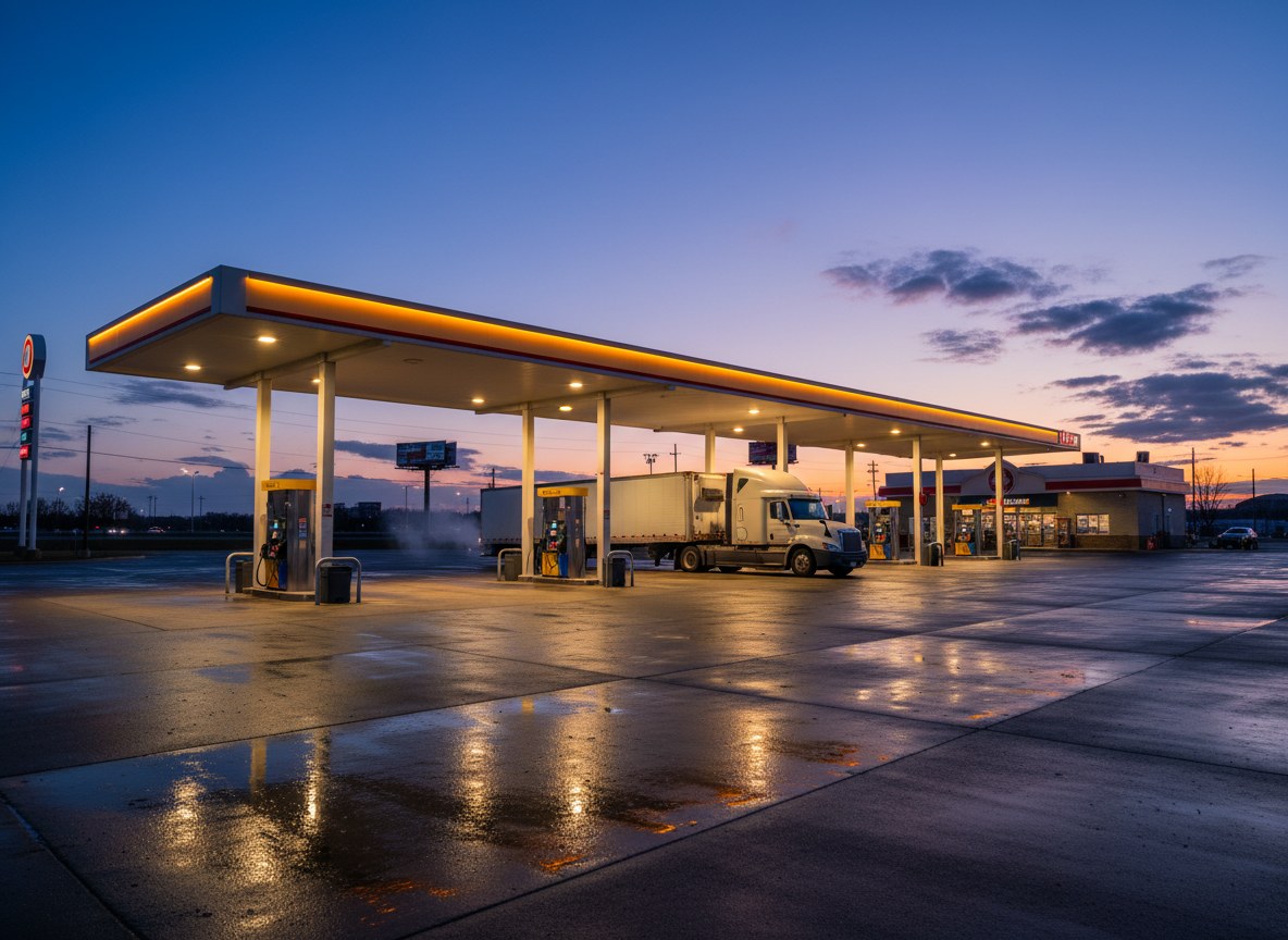 A row of truck-stop fuel islands under the canopy lights at dusk, one truck fueling, no readable branding.