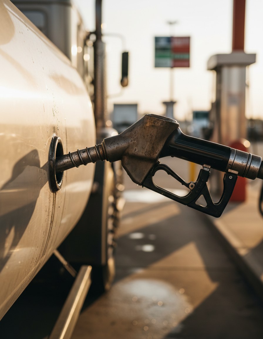 A diesel pump nozzle resting in a truck's fuel tank at a truck-stop fuel island, price board out of focus in the background.